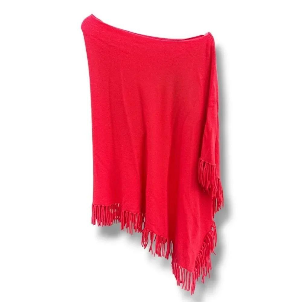 Captiva Cashmere Fringed Poncho in Red-Orange Pull Over Sweater Women’s One Size